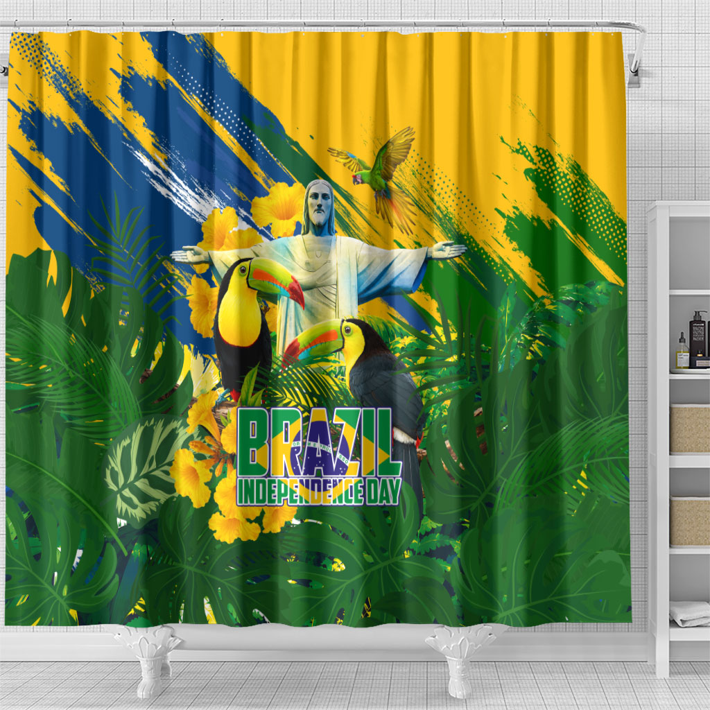 Brazil Independence Day Shower Curtain One Nation One Heart - Tropical Toucan Macaw Christ Redeemer