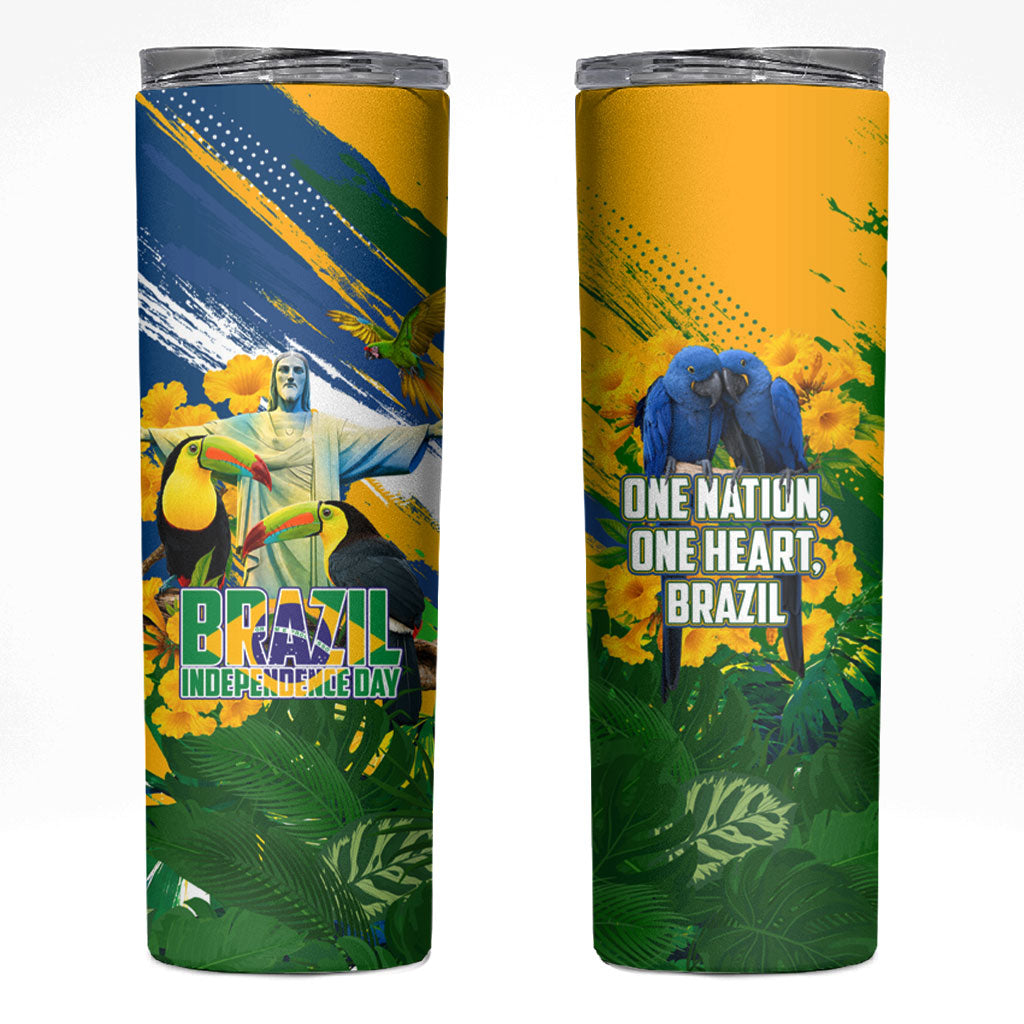 Brazil Independence Day Skinny Tumbler One Nation One Heart - Tropical Toucan Macaw Christ Redeemer