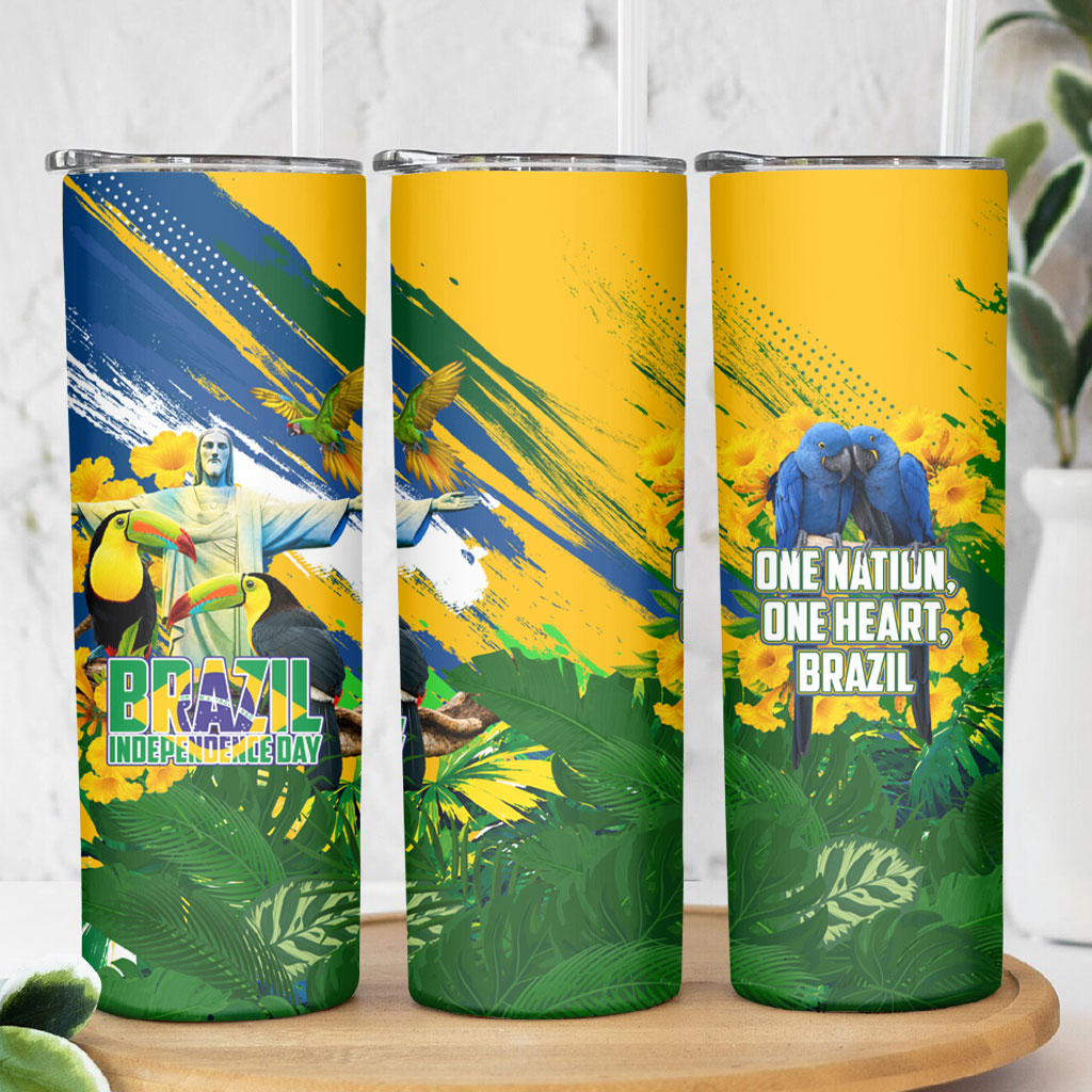 Brazil Independence Day Skinny Tumbler One Nation One Heart - Tropical Toucan Macaw Christ Redeemer