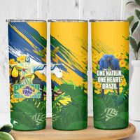 Brazil Independence Day Skinny Tumbler One Nation One Heart - Tropical Toucan Macaw Christ Redeemer