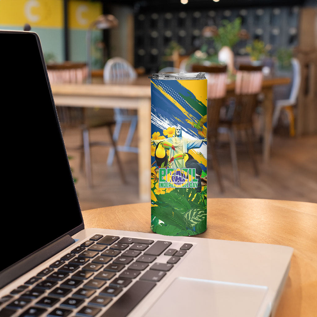 Brazil Independence Day Skinny Tumbler One Nation One Heart - Tropical Toucan Macaw Christ Redeemer