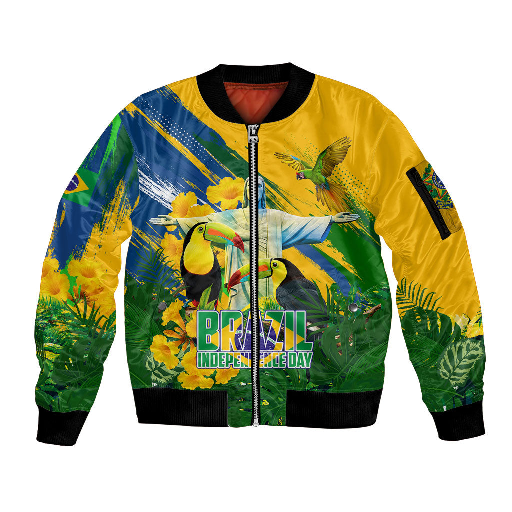 Brazil Independence Day Sleeve Zip Bomber Jacket One Nation One Heart - Tropical Toucan Macaw Christ Redeemer