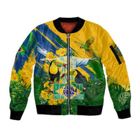 Brazil Independence Day Sleeve Zip Bomber Jacket One Nation One Heart - Tropical Toucan Macaw Christ Redeemer