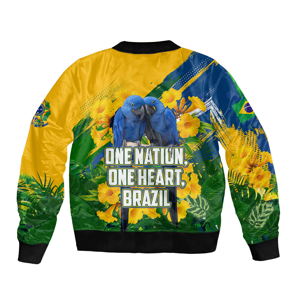 Brazil Independence Day Sleeve Zip Bomber Jacket One Nation One Heart - Tropical Toucan Macaw Christ Redeemer