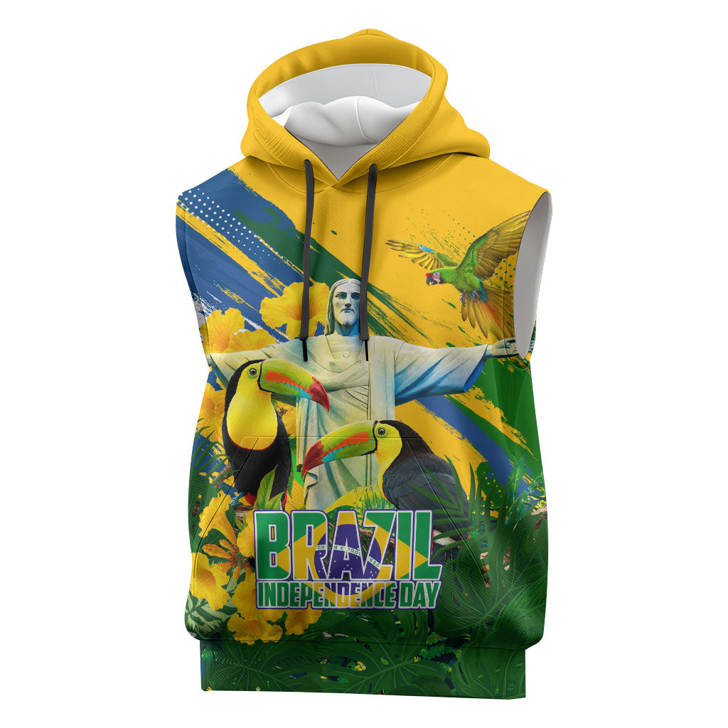 Brazil Independence Day Sleeveless Hoodie One Nation One Heart - Tropical Toucan Macaw Christ Redeemer