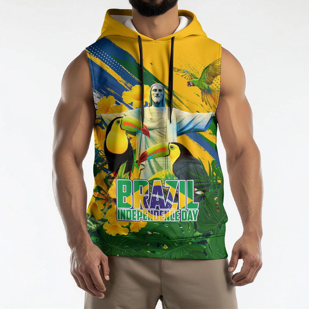 Brazil Independence Day Sleeveless Hoodie One Nation One Heart - Tropical Toucan Macaw Christ Redeemer