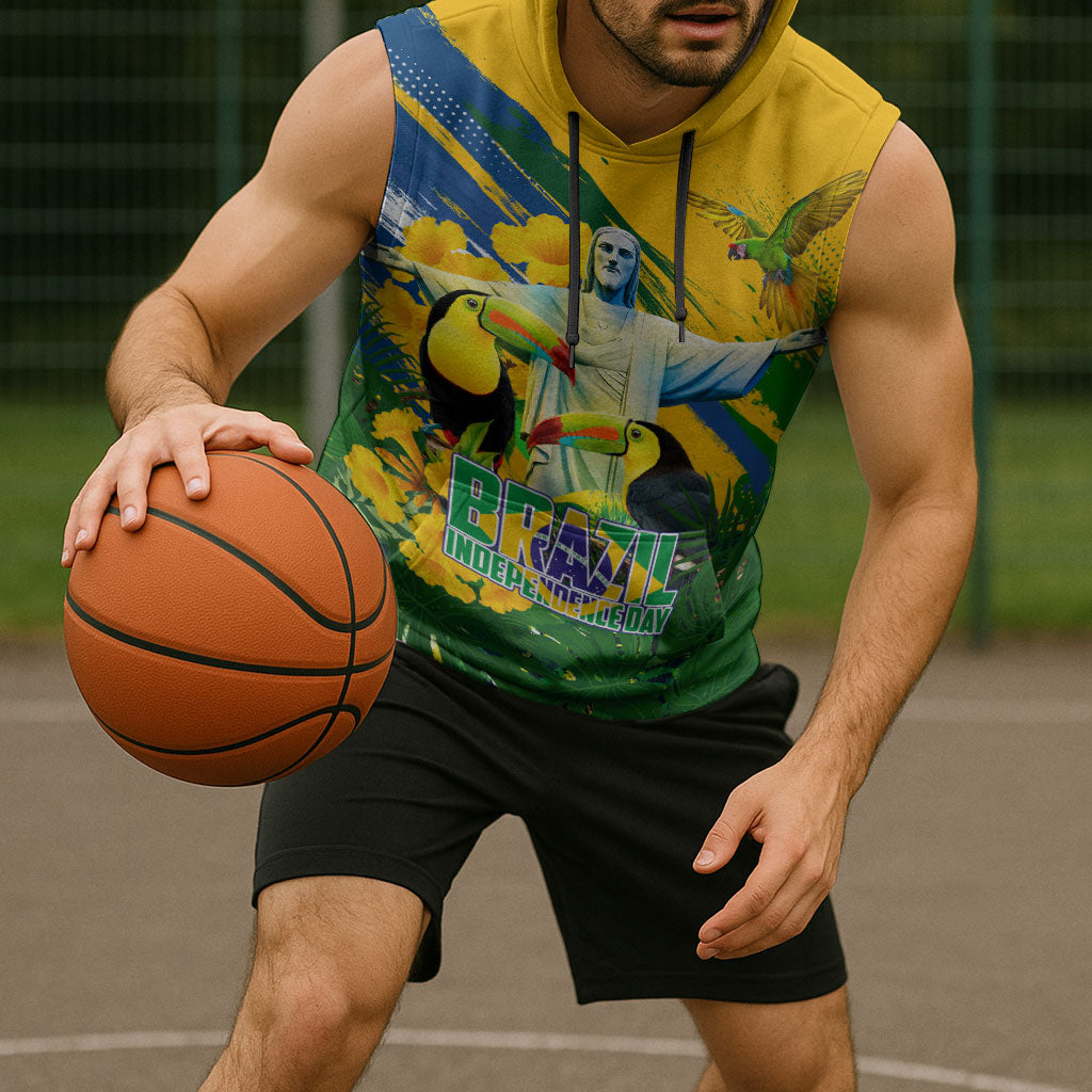 Brazil Independence Day Sleeveless Hoodie One Nation One Heart - Tropical Toucan Macaw Christ Redeemer