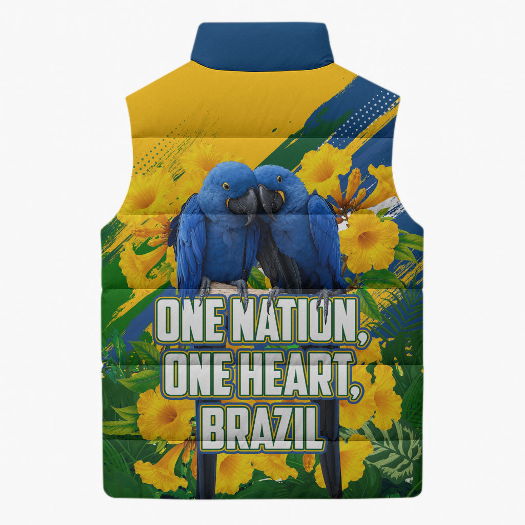 Brazil Independence Day Sleeveless Puffer Jacket One Nation One Heart - Tropical Toucan Macaw Christ Redeemer
