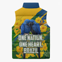 Brazil Independence Day Sleeveless Puffer Jacket One Nation One Heart - Tropical Toucan Macaw Christ Redeemer