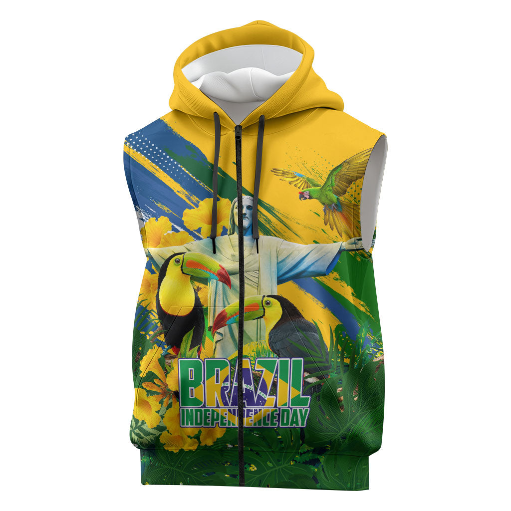 Brazil Independence Day Sleeveless Zip Hoodie One Nation One Heart - Tropical Toucan Macaw Christ Redeemer