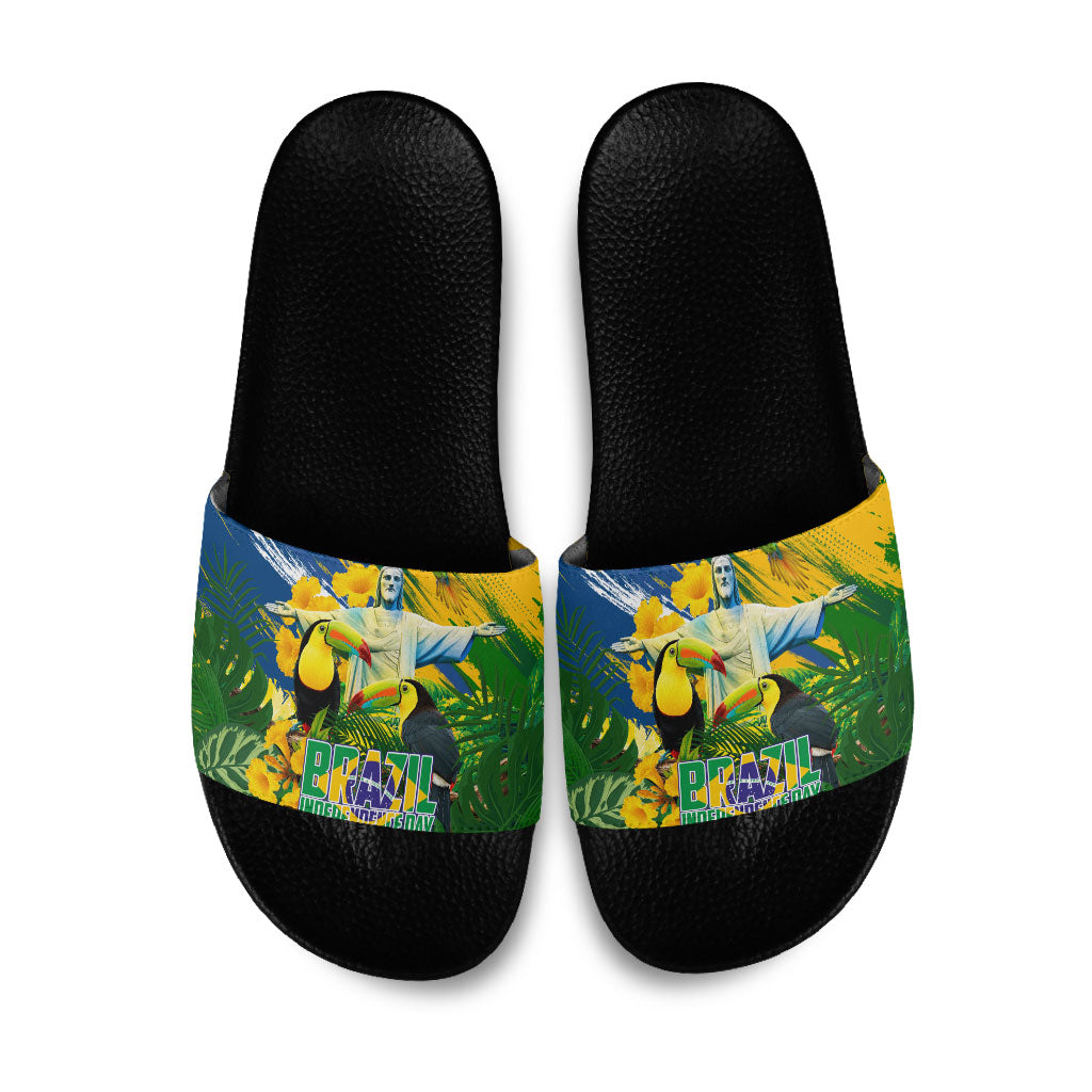 Brazil Independence Day Slide Sandals One Nation One Heart - Tropical Toucan Macaw Christ Redeemer
