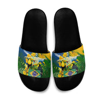 Brazil Independence Day Slide Sandals One Nation One Heart - Tropical Toucan Macaw Christ Redeemer