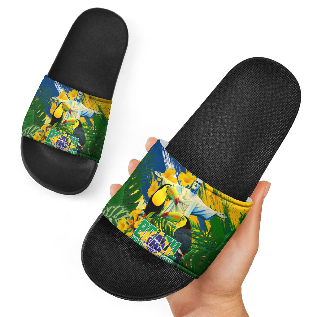 Brazil Independence Day Slide Sandals One Nation One Heart - Tropical Toucan Macaw Christ Redeemer