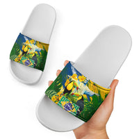 Brazil Independence Day Slide Sandals One Nation One Heart - Tropical Toucan Macaw Christ Redeemer