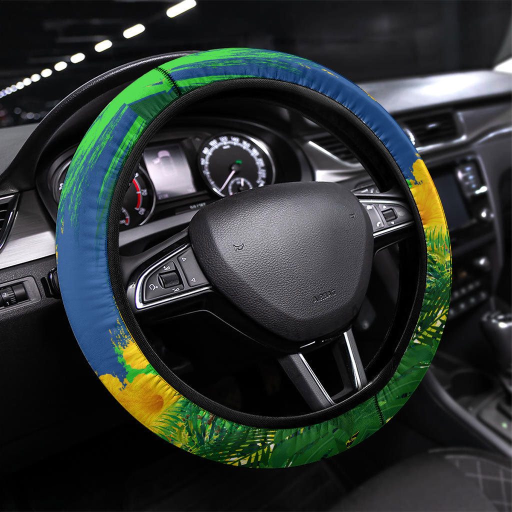 Brazil Independence Day Steering Wheel Cover One Nation One Heart - Tropical Toucan Macaw Christ Redeemer