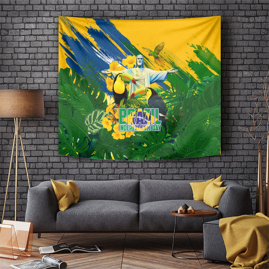 Brazil Independence Day Tapestry One Nation One Heart - Tropical Toucan Macaw Christ Redeemer