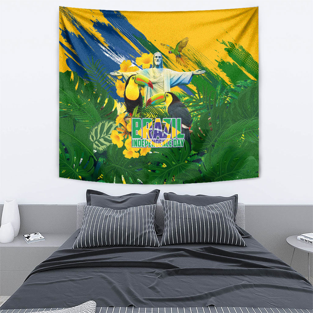 Brazil Independence Day Tapestry One Nation One Heart - Tropical Toucan Macaw Christ Redeemer
