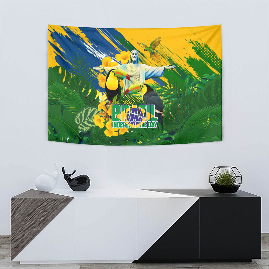 Brazil Independence Day Tapestry One Nation One Heart - Tropical Toucan Macaw Christ Redeemer