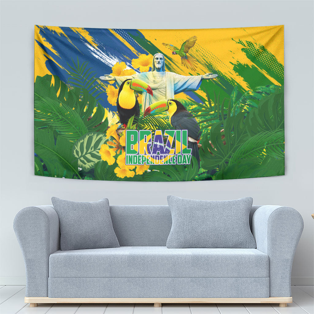 Brazil Independence Day Tapestry One Nation One Heart - Tropical Toucan Macaw Christ Redeemer