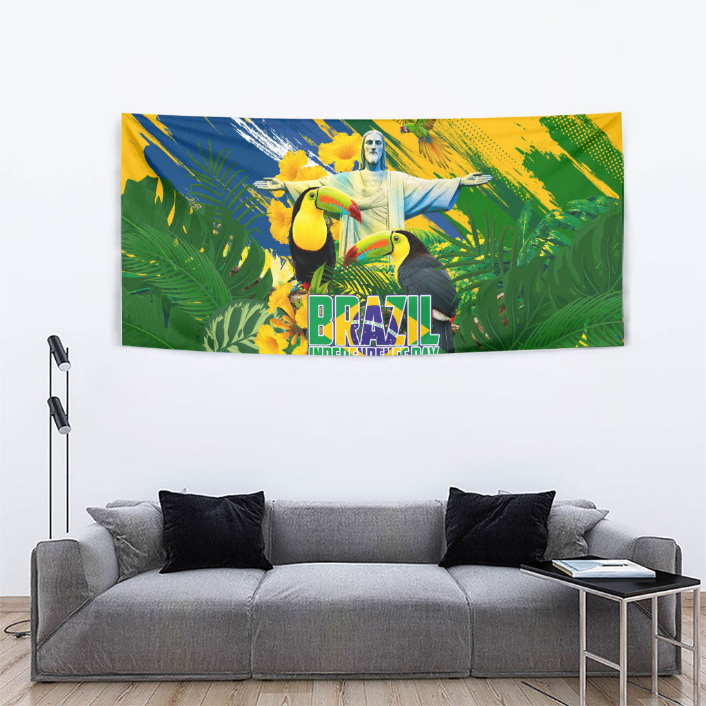 Brazil Independence Day Tapestry One Nation One Heart - Tropical Toucan Macaw Christ Redeemer