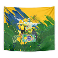 Brazil Independence Day Tapestry One Nation One Heart - Tropical Toucan Macaw Christ Redeemer