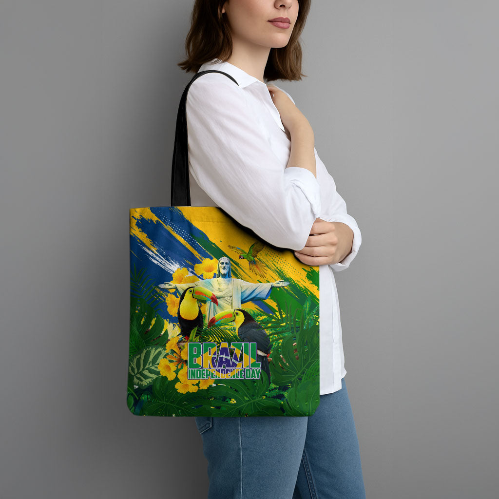 Brazil Independence Day Tote Bag One Nation One Heart - Tropical Toucan Macaw Christ Redeemer