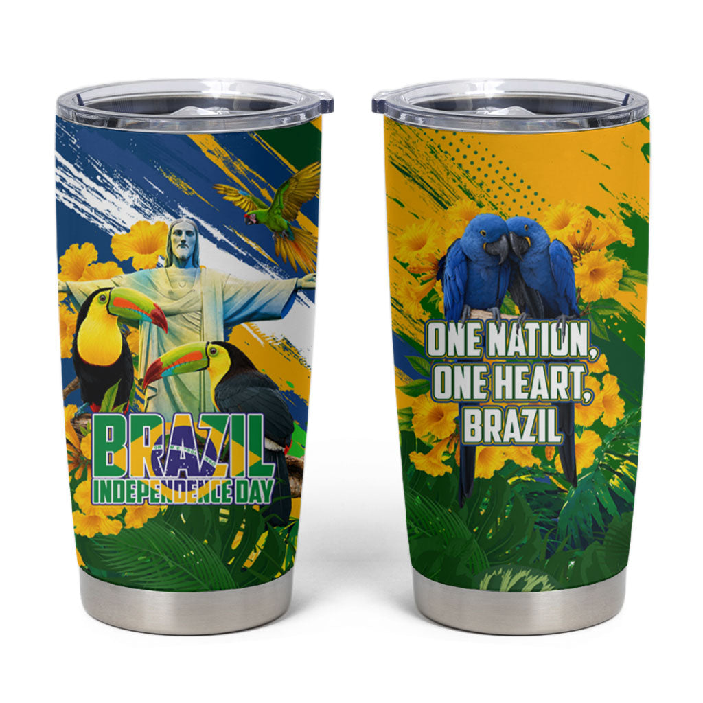 Brazil Independence Day Tumbler Cup One Nation One Heart - Tropical Toucan Macaw Christ Redeemer