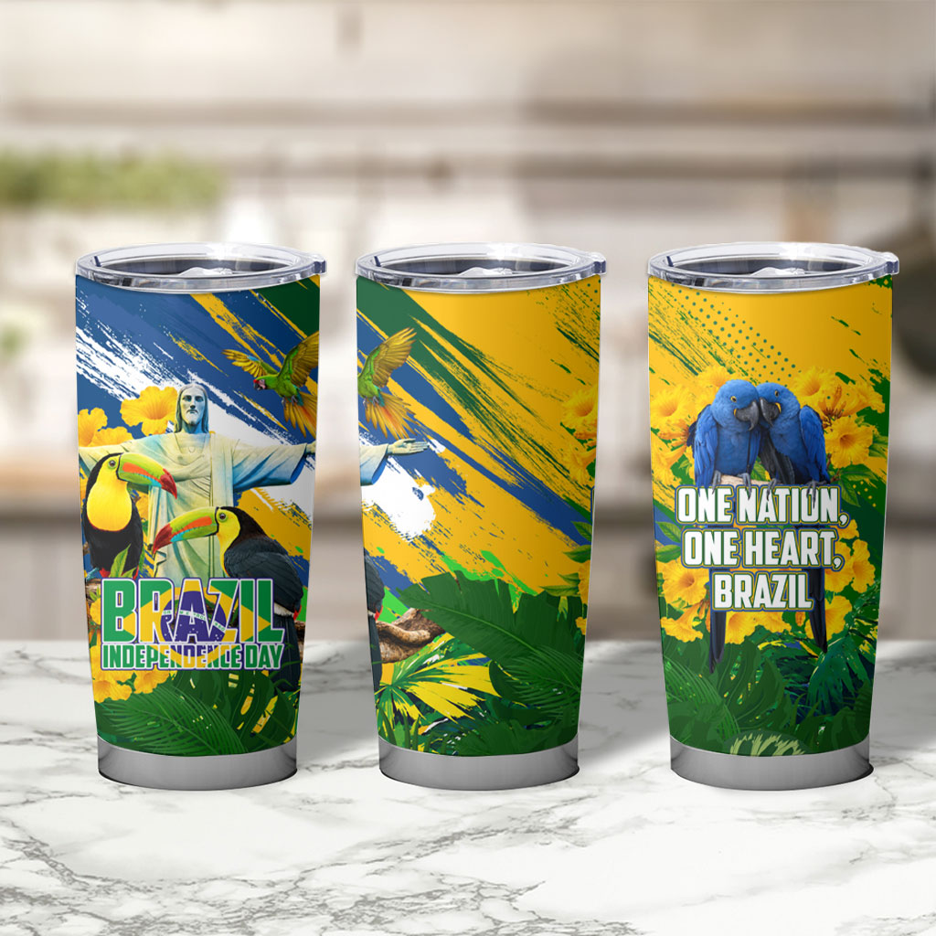 Brazil Independence Day Tumbler Cup One Nation One Heart - Tropical Toucan Macaw Christ Redeemer