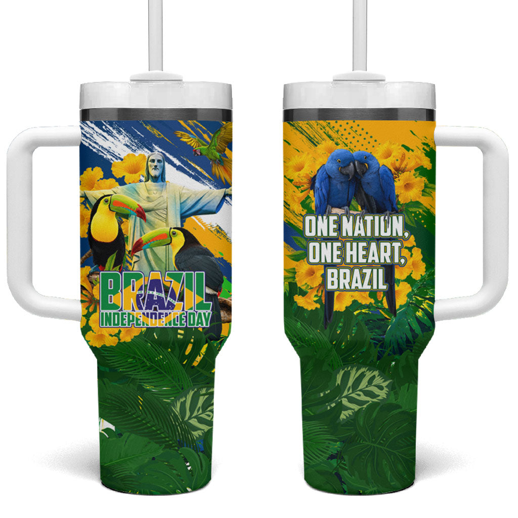 Brazil Independence Day Tumbler With Handle One Nation One Heart - Tropical Toucan Macaw Christ Redeemer