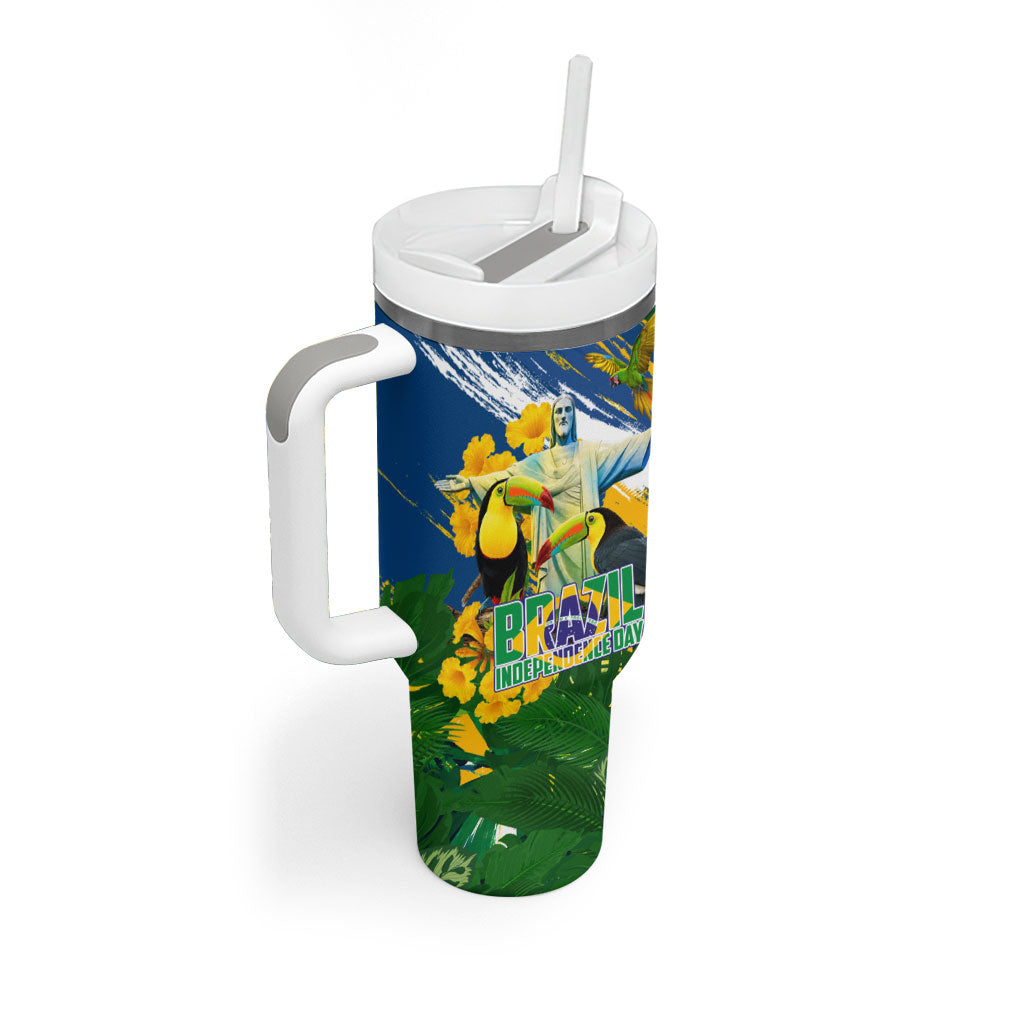 Brazil Independence Day Tumbler With Handle One Nation One Heart - Tropical Toucan Macaw Christ Redeemer