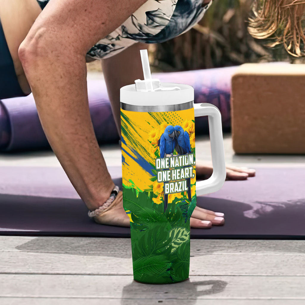 Brazil Independence Day Tumbler With Handle One Nation One Heart - Tropical Toucan Macaw Christ Redeemer