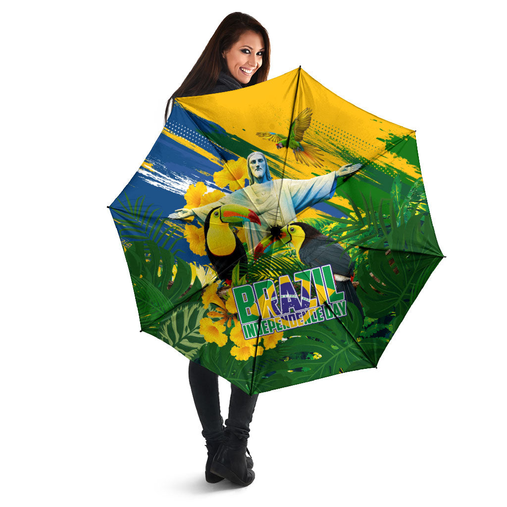 Brazil Independence Day Umbrella One Nation One Heart - Tropical Toucan Macaw Christ Redeemer