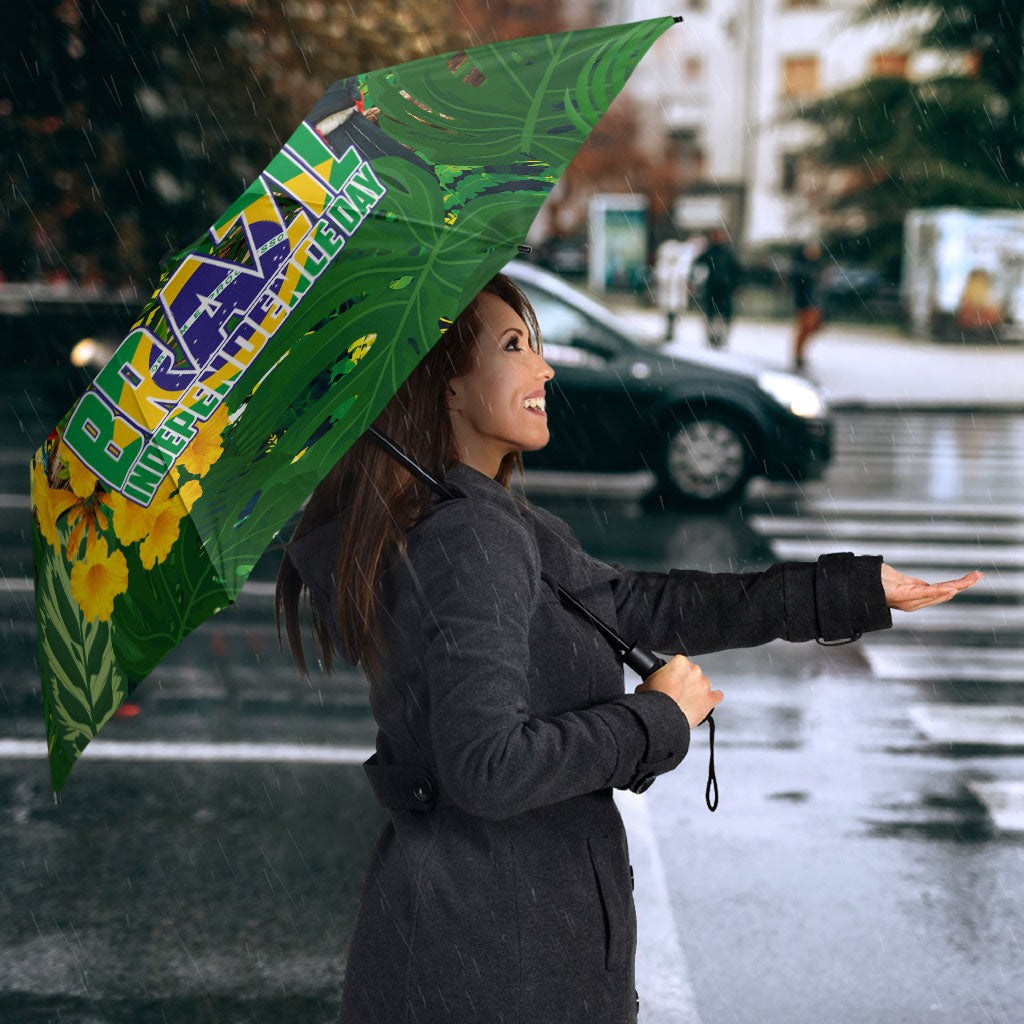 Brazil Independence Day Umbrella One Nation One Heart - Tropical Toucan Macaw Christ Redeemer