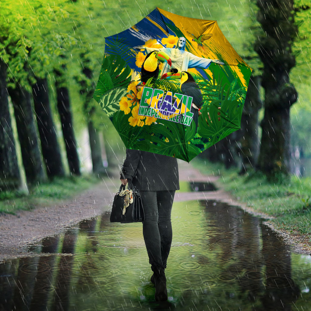 Brazil Independence Day Umbrella One Nation One Heart - Tropical Toucan Macaw Christ Redeemer