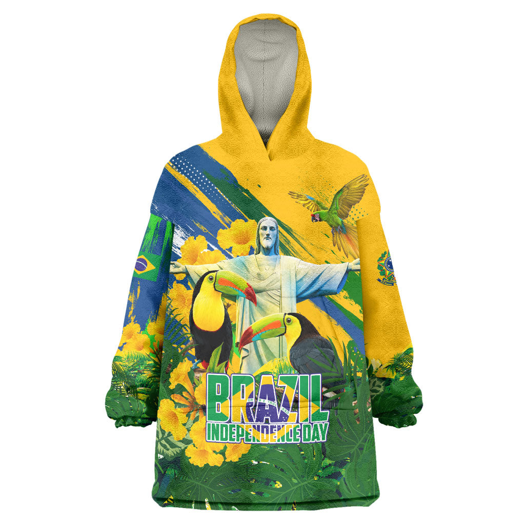 Brazil Independence Day Wearable Blanket Hoodie One Nation One Heart - Tropical Toucan Macaw Christ Redeemer