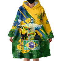 Brazil Independence Day Wearable Blanket Hoodie One Nation One Heart - Tropical Toucan Macaw Christ Redeemer