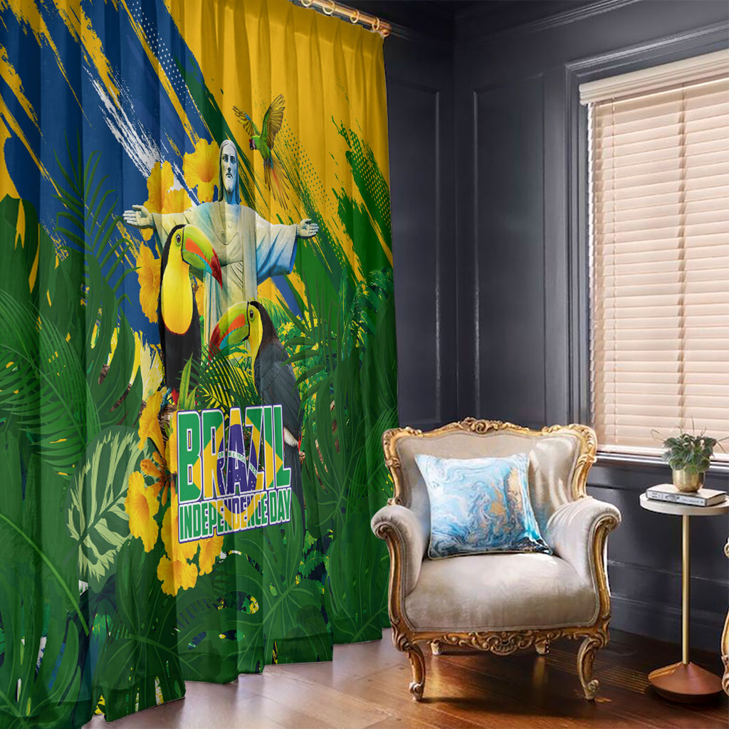 Brazil Independence Day Window Curtain One Nation One Heart - Tropical Toucan Macaw Christ Redeemer