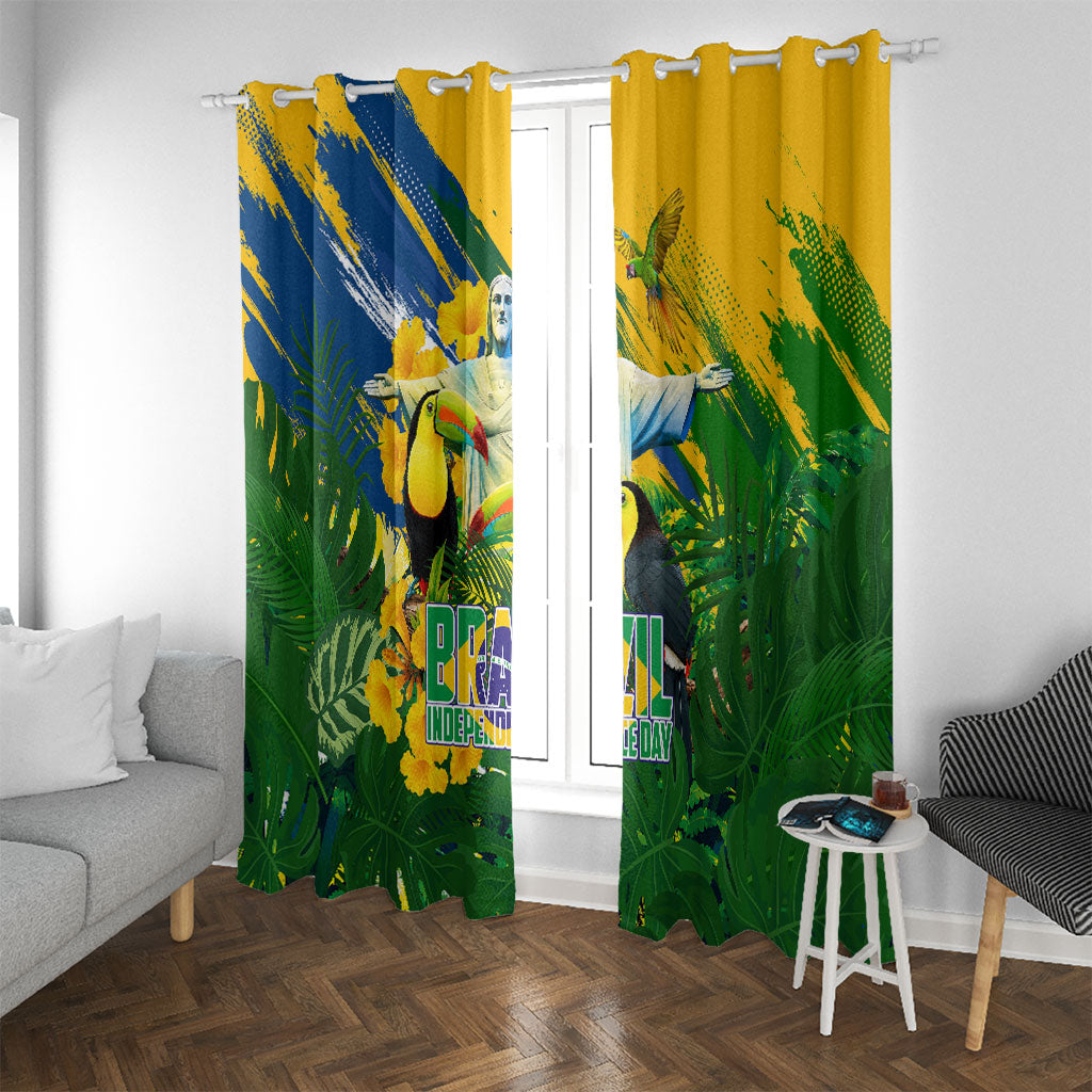 Brazil Independence Day Window Curtain One Nation One Heart - Tropical Toucan Macaw Christ Redeemer