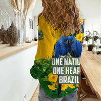 Brazil Independence Day Women Casual Shirt One Nation One Heart - Tropical Toucan Macaw Christ Redeemer