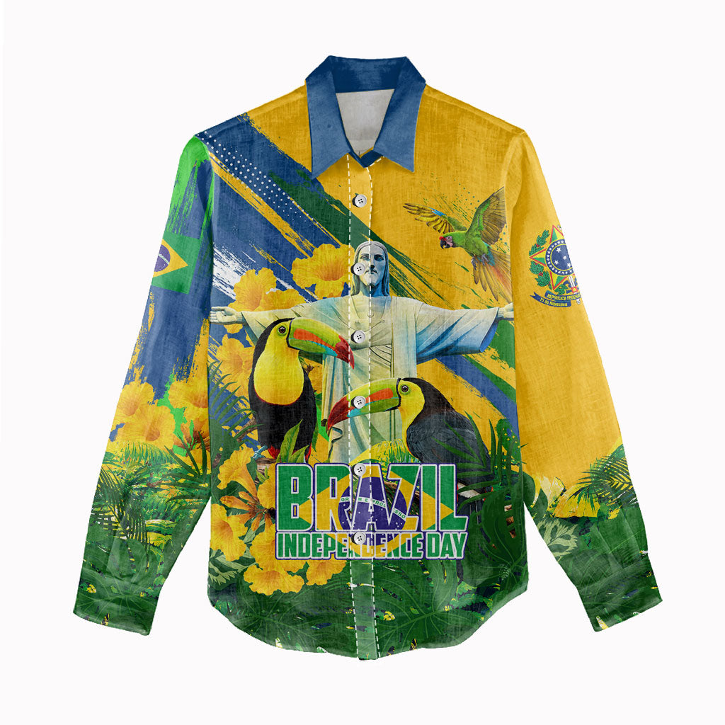 Brazil Independence Day Women Casual Shirt One Nation One Heart - Tropical Toucan Macaw Christ Redeemer