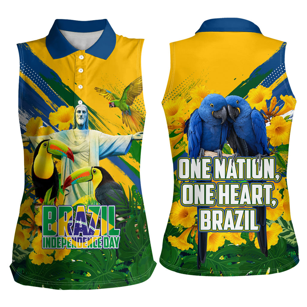 Brazil Independence Day Women Sleeveless Polo Shirt One Nation One Heart - Tropical Toucan Macaw Christ Redeemer
