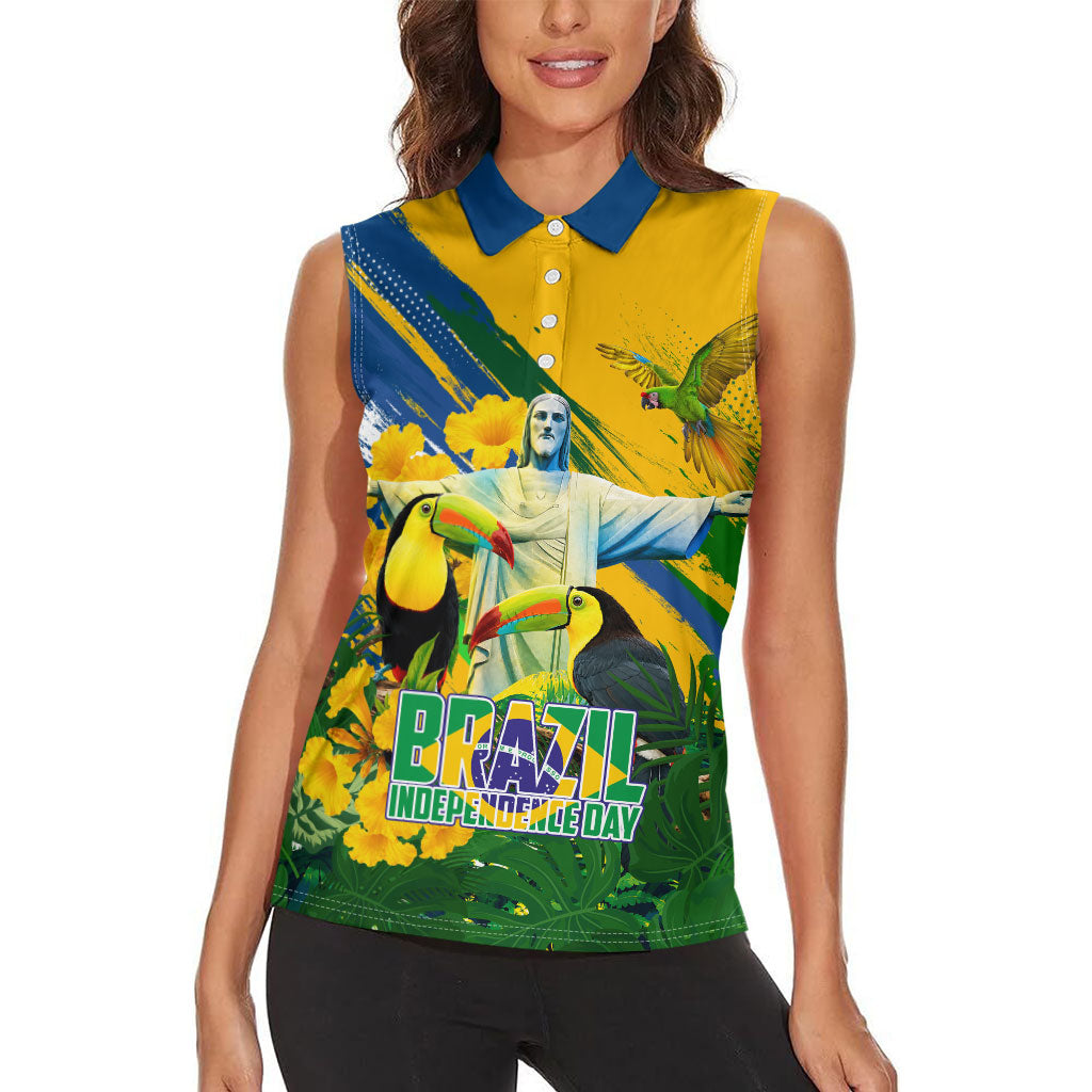 Brazil Independence Day Women Sleeveless Polo Shirt One Nation One Heart - Tropical Toucan Macaw Christ Redeemer