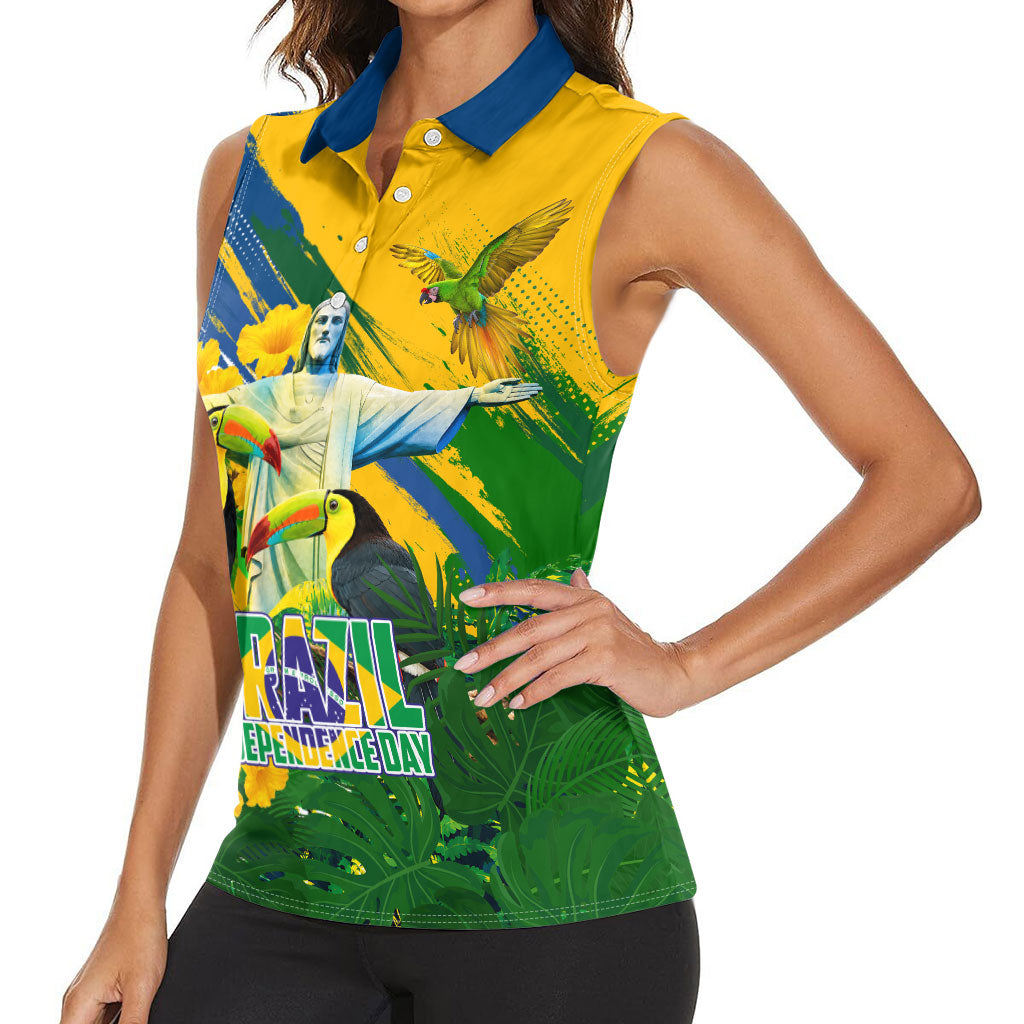 Brazil Independence Day Women Sleeveless Polo Shirt One Nation One Heart - Tropical Toucan Macaw Christ Redeemer