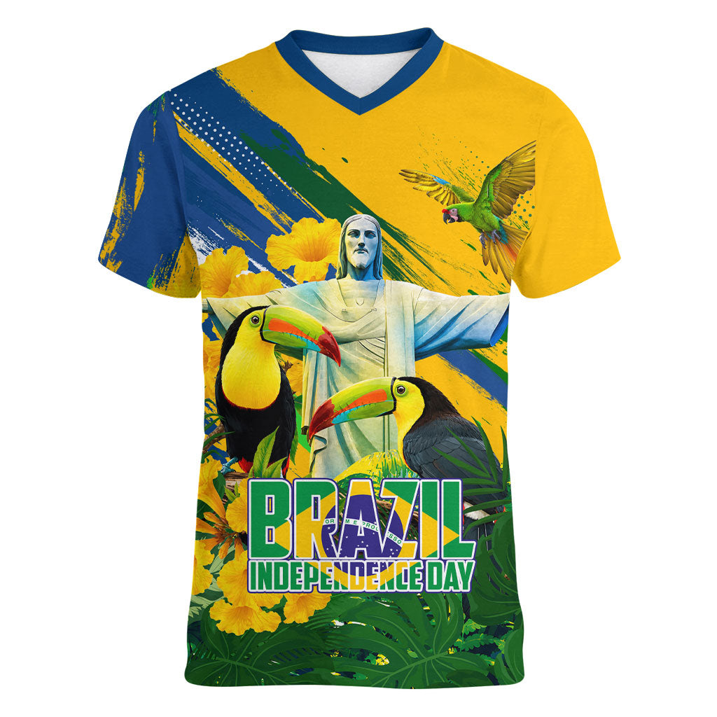 Brazil Independence Day Women V-Neck T-Shirt One Nation One Heart - Tropical Toucan Macaw Christ Redeemer