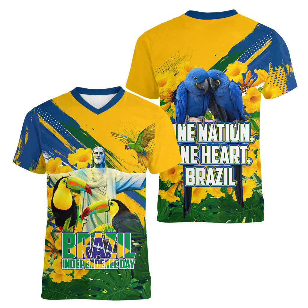 Brazil Independence Day Women V-Neck T-Shirt One Nation One Heart - Tropical Toucan Macaw Christ Redeemer