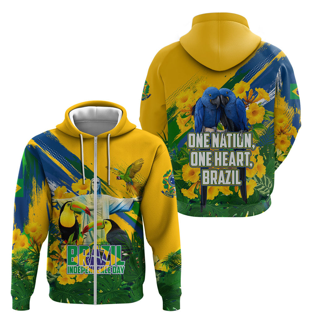 Brazil Independence Day Zip Hoodie One Nation One Heart - Tropical Toucan Macaw Christ Redeemer