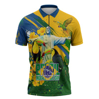 Brazil Independence Day Zipper Polo Shirt One Nation One Heart - Tropical Toucan Macaw Christ Redeemer