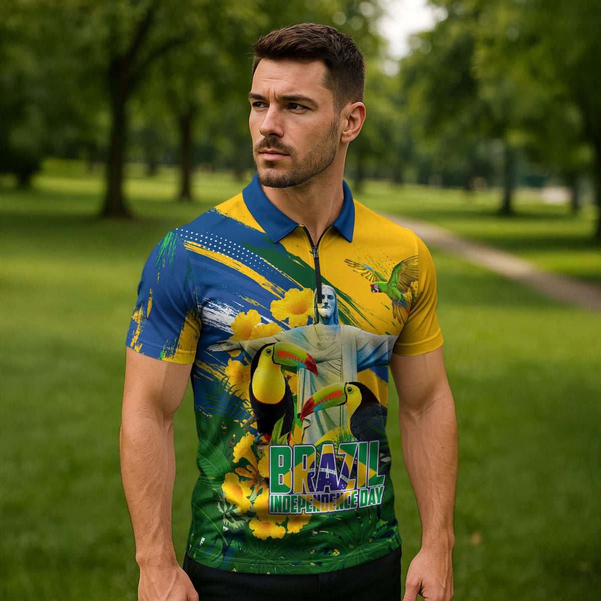Brazil Independence Day Zipper Polo Shirt One Nation One Heart - Tropical Toucan Macaw Christ Redeemer