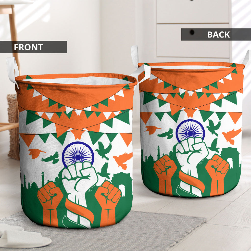 India Patriotic Freedom Laundry Basket Flag Colors Raised Fist Typography Graphic