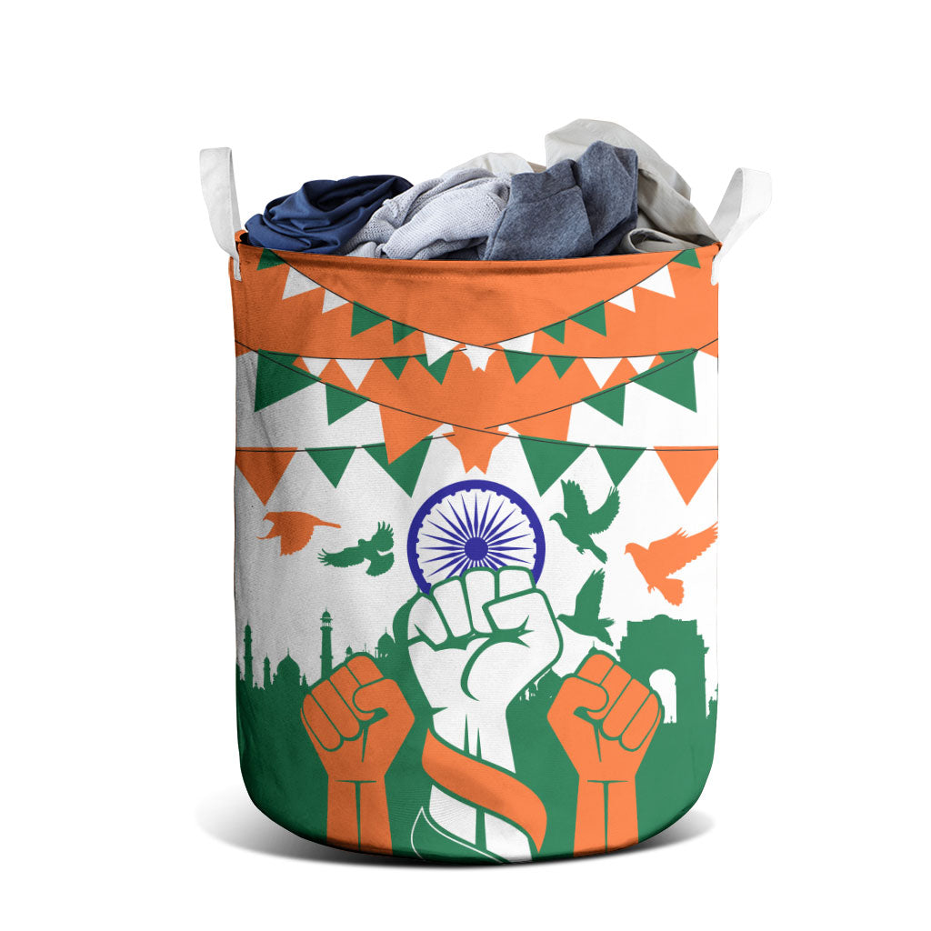 India Patriotic Freedom Laundry Basket Flag Colors Raised Fist Typography Graphic